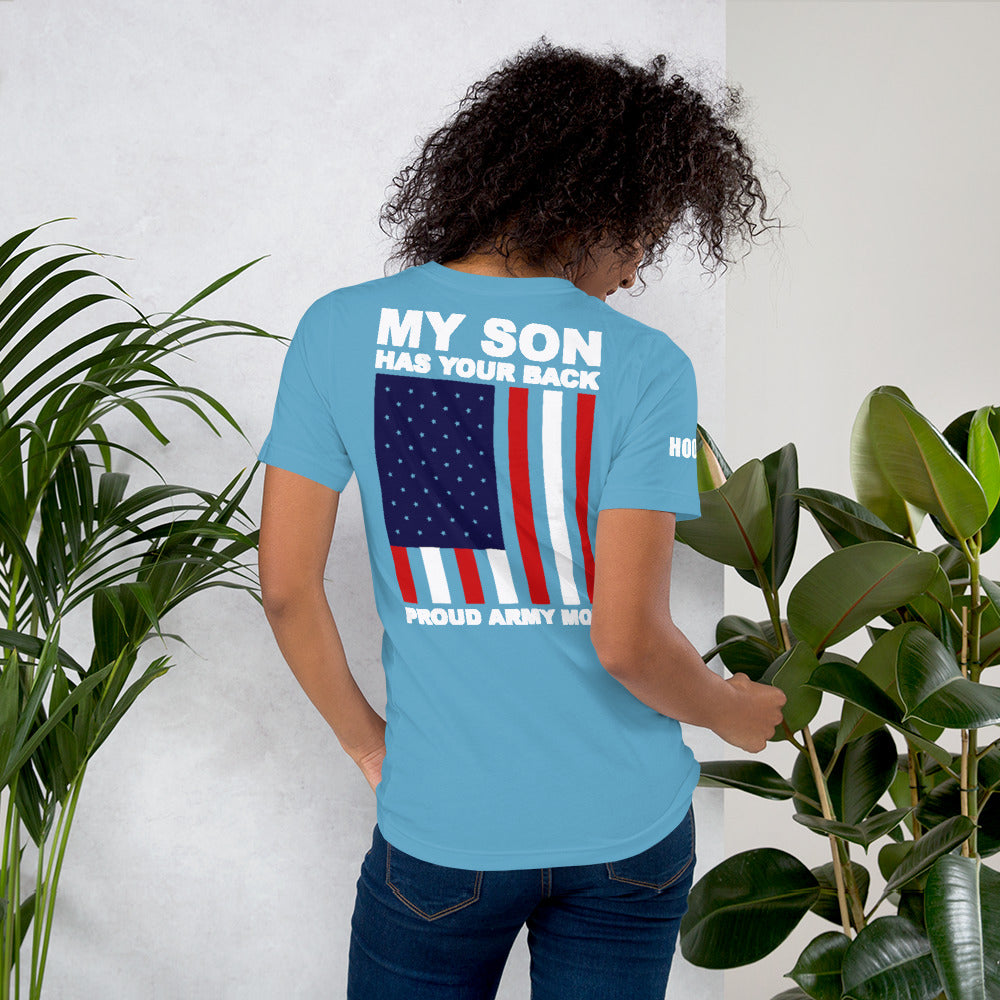 Proud Army Mom, Son, Red, White and Blue with Hooah T-Shirt