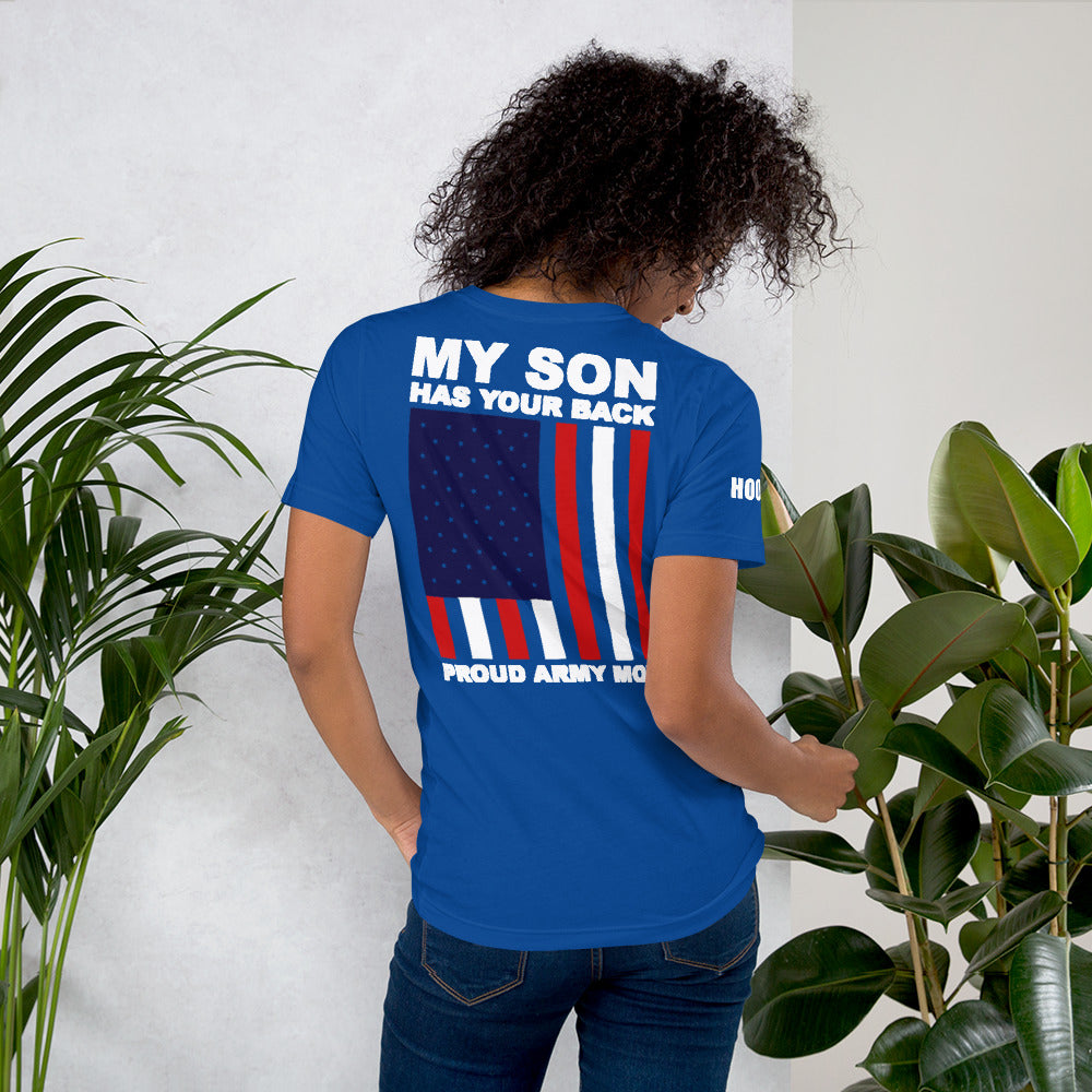 Proud Army Mom, Son, Red, White and Blue with Hooah T-Shirt