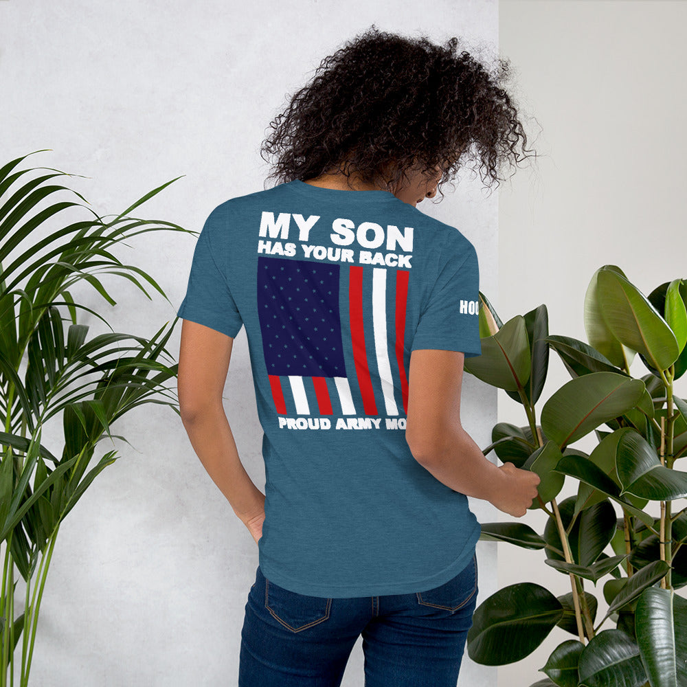 Proud Army Mom, Son, Red, White and Blue with Hooah T-Shirt