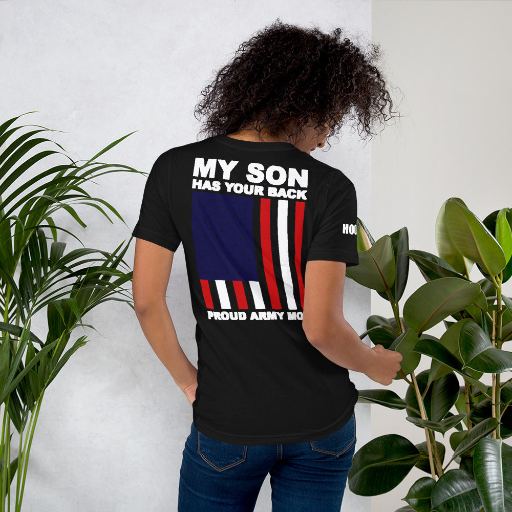 Proud Army Mom, Son, Red, White and Blue with Hooah T-Shirt