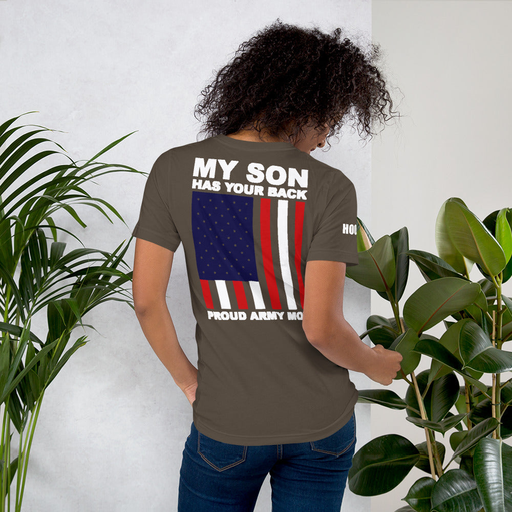 Proud Army Mom, Son, Red, White and Blue with Hooah T-Shirt