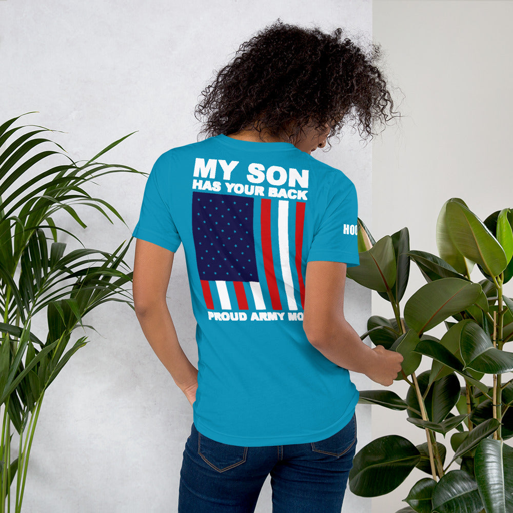 Proud Army Mom, Son, Red, White and Blue with Hooah T-Shirt
