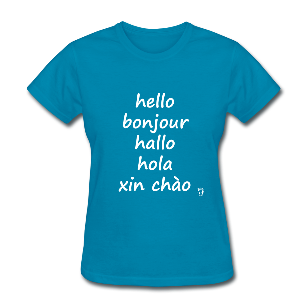 Hello in Five Languages T-Shirt - turquoise