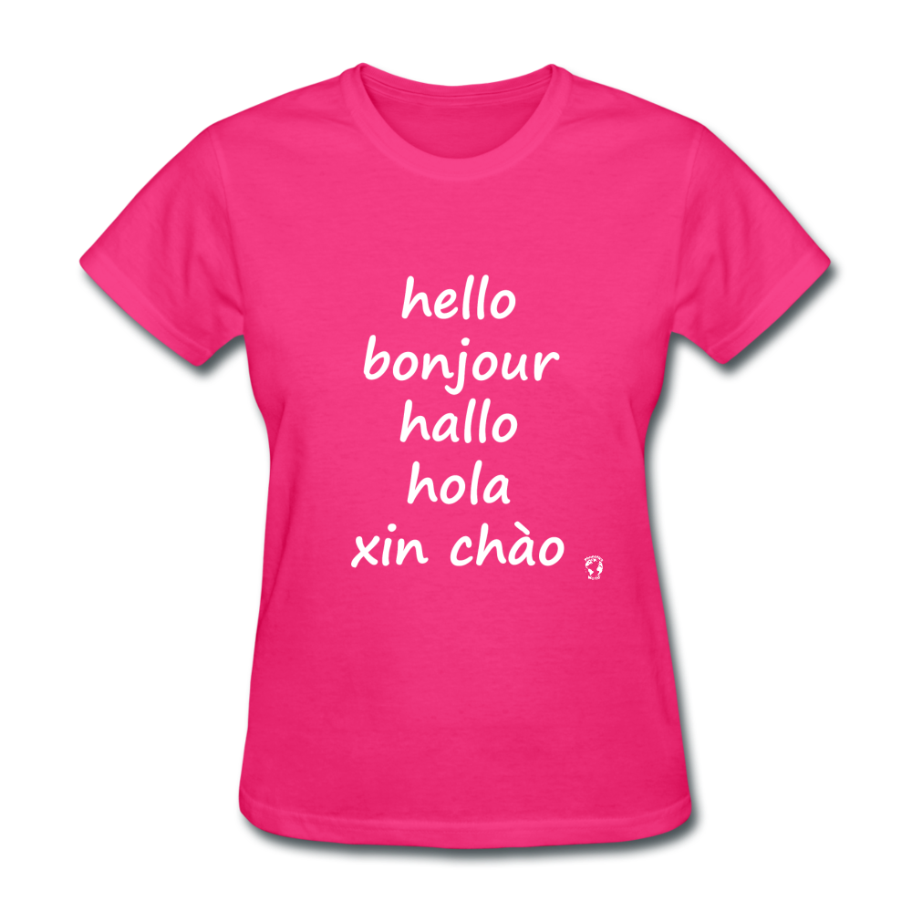 Hello in Five Languages T-Shirt - fuchsia