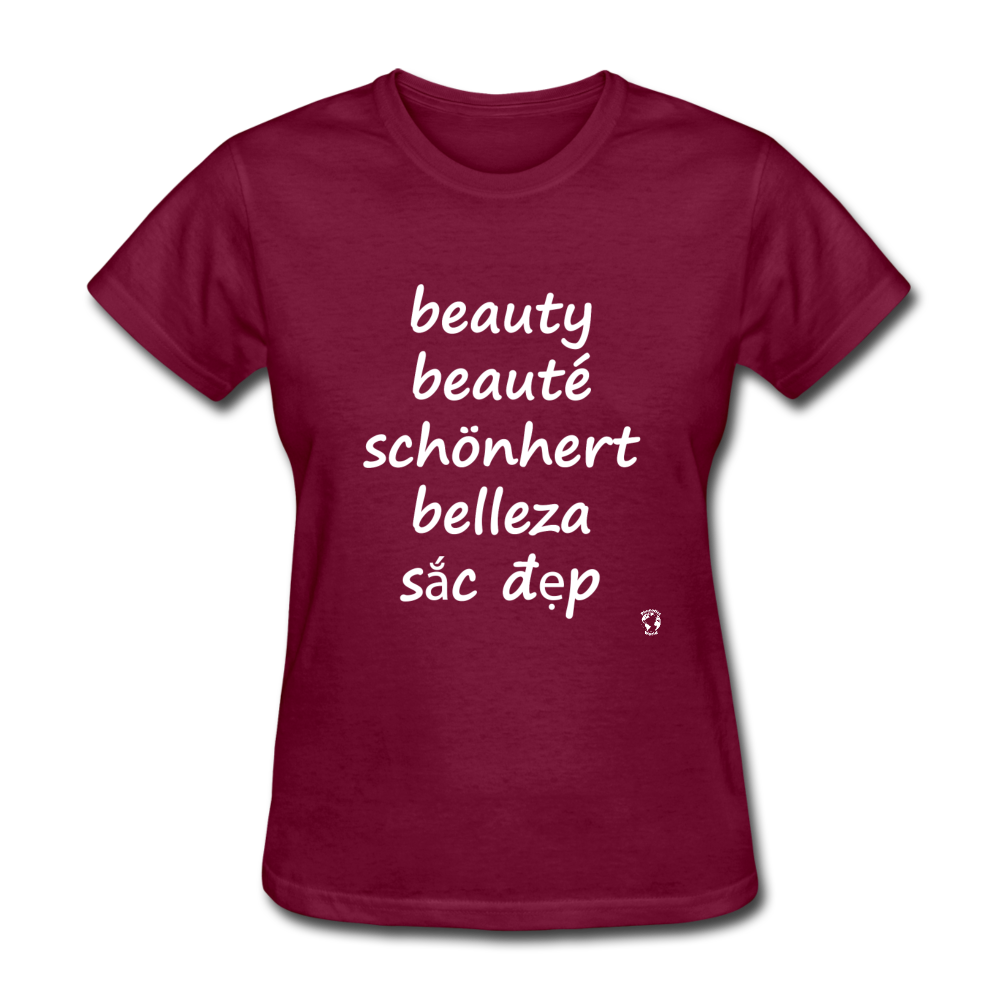 Beauty in Five Languages T-Shirt - burgundy