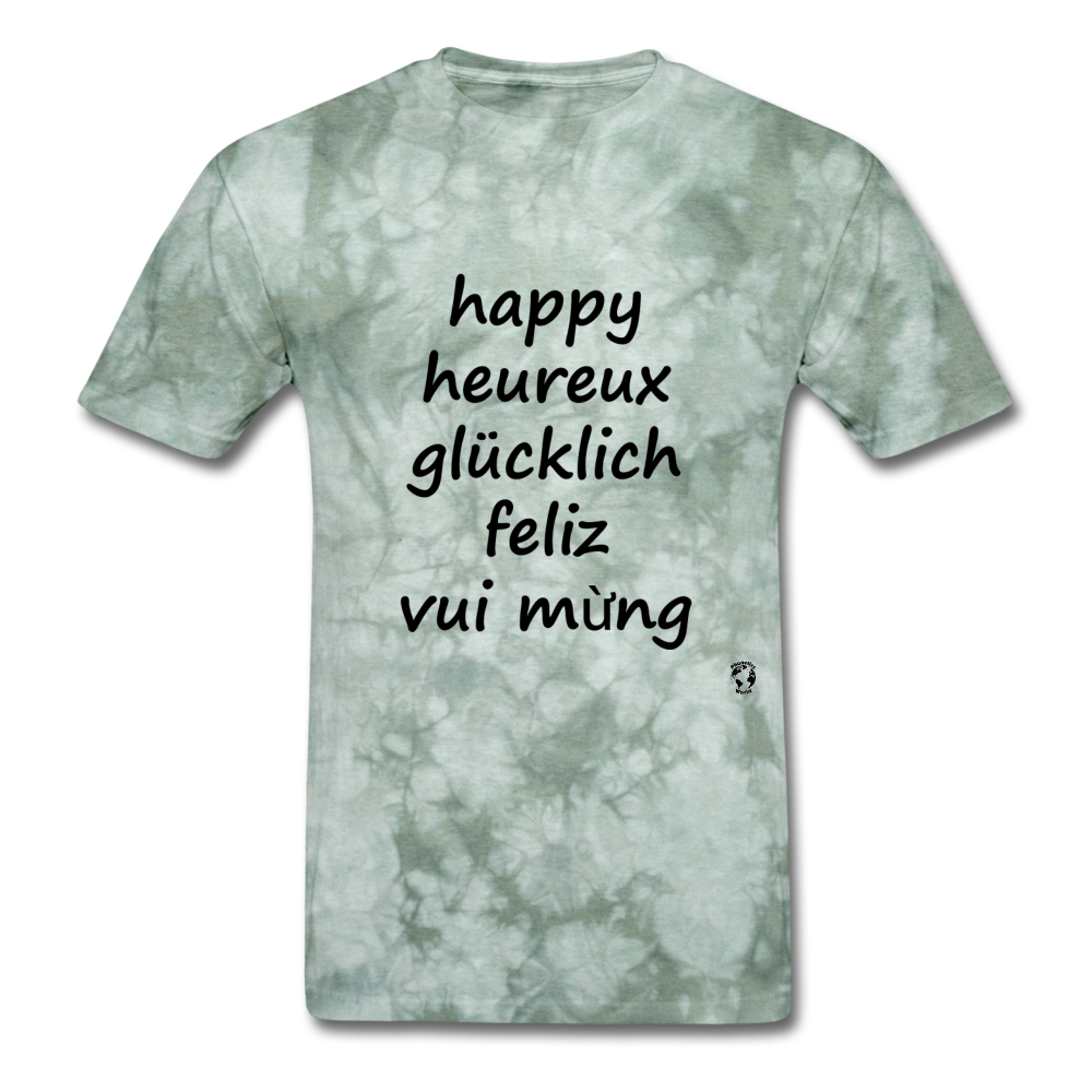 Happy in Five Languages - military green tie dye