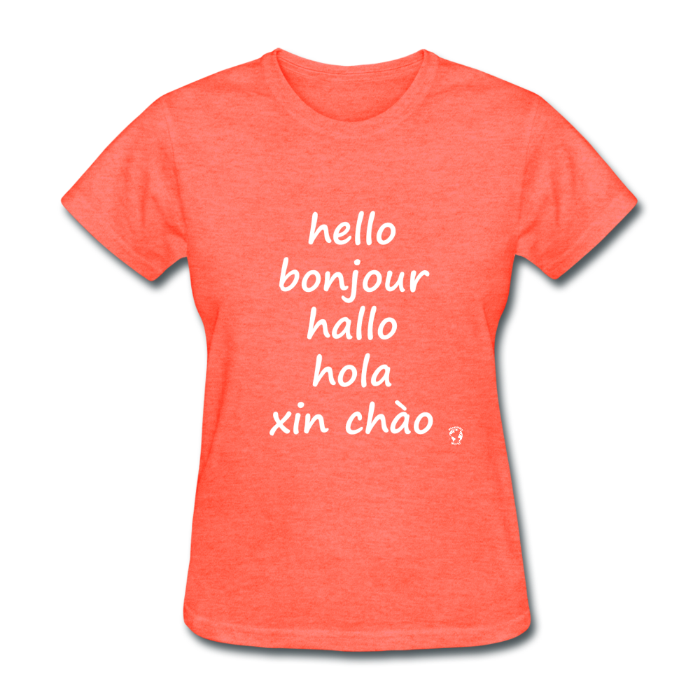Hello in Five Languages T-Shirt - heather coral