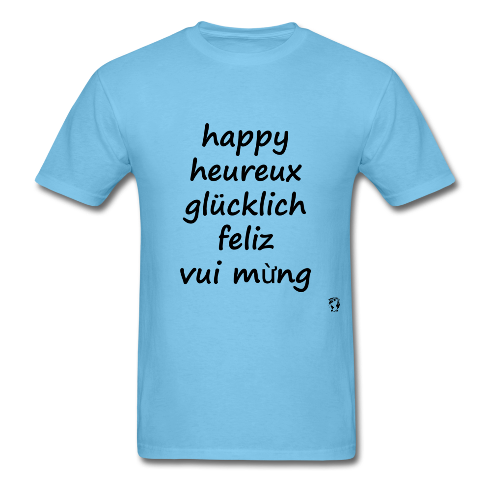 Happy in Five Languages - aquatic blue