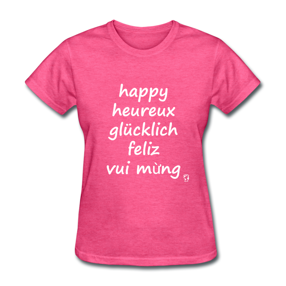 Happy in Five Languages T-Shirt - heather pink