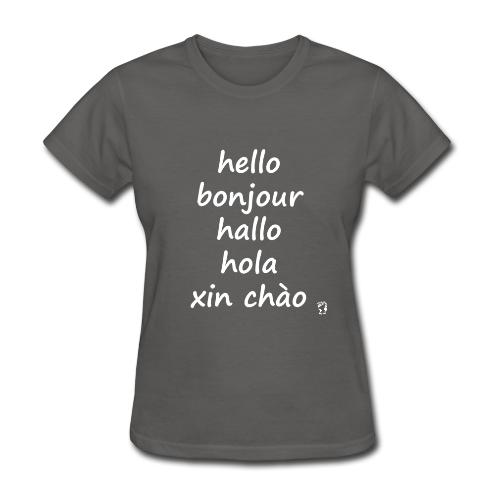 Hello in Five Languages T-Shirt - charcoal