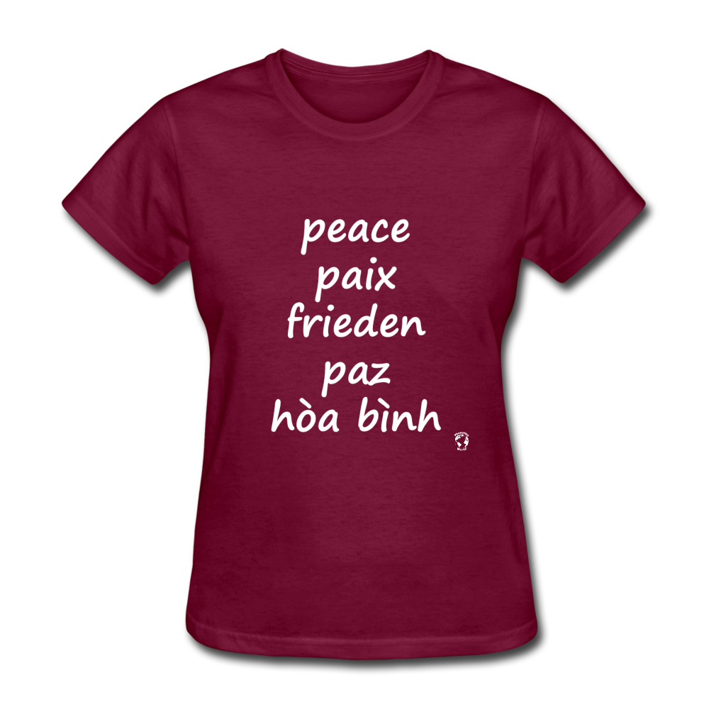 Peace in Five Languages T-Shirt - burgundy