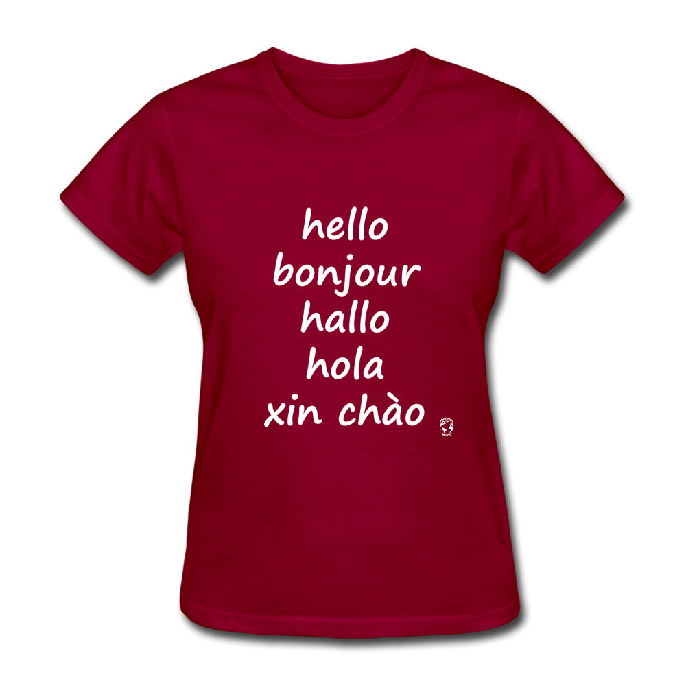 Hello in Five Languages T-Shirt - dark red
