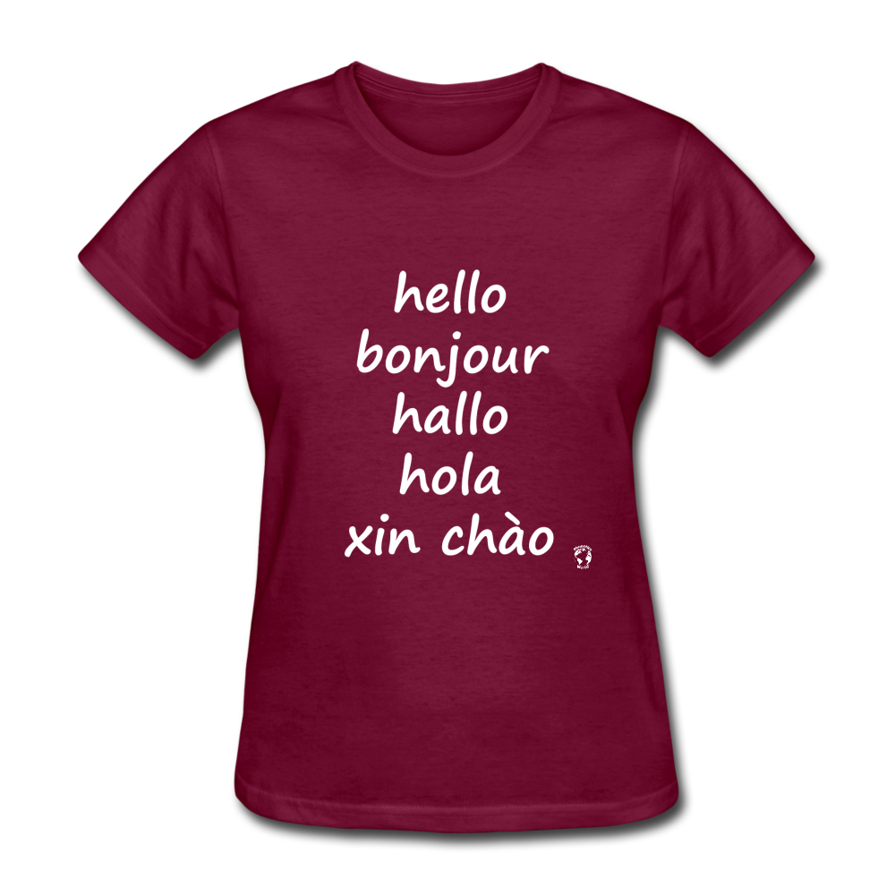 Hello in Five Languages T-Shirt - burgundy
