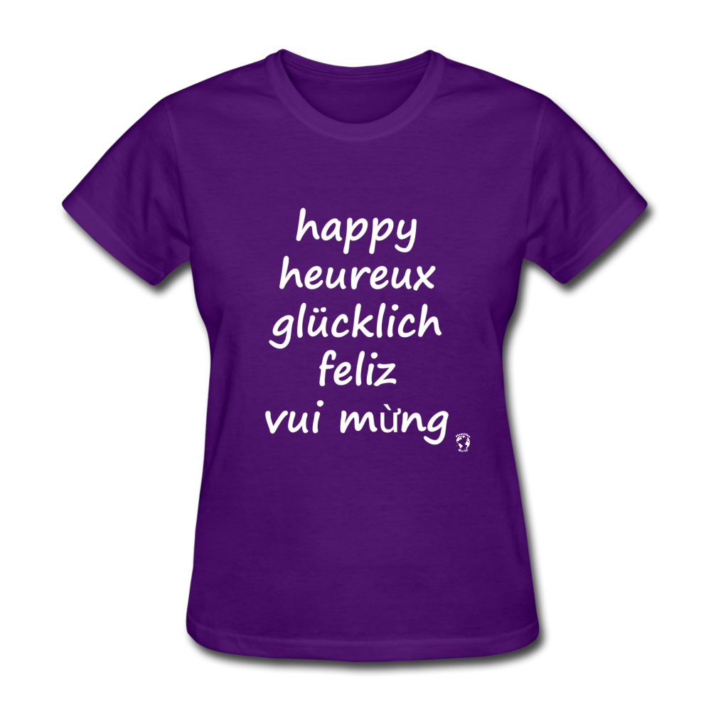 Happy in Five Languages T-Shirt - purple