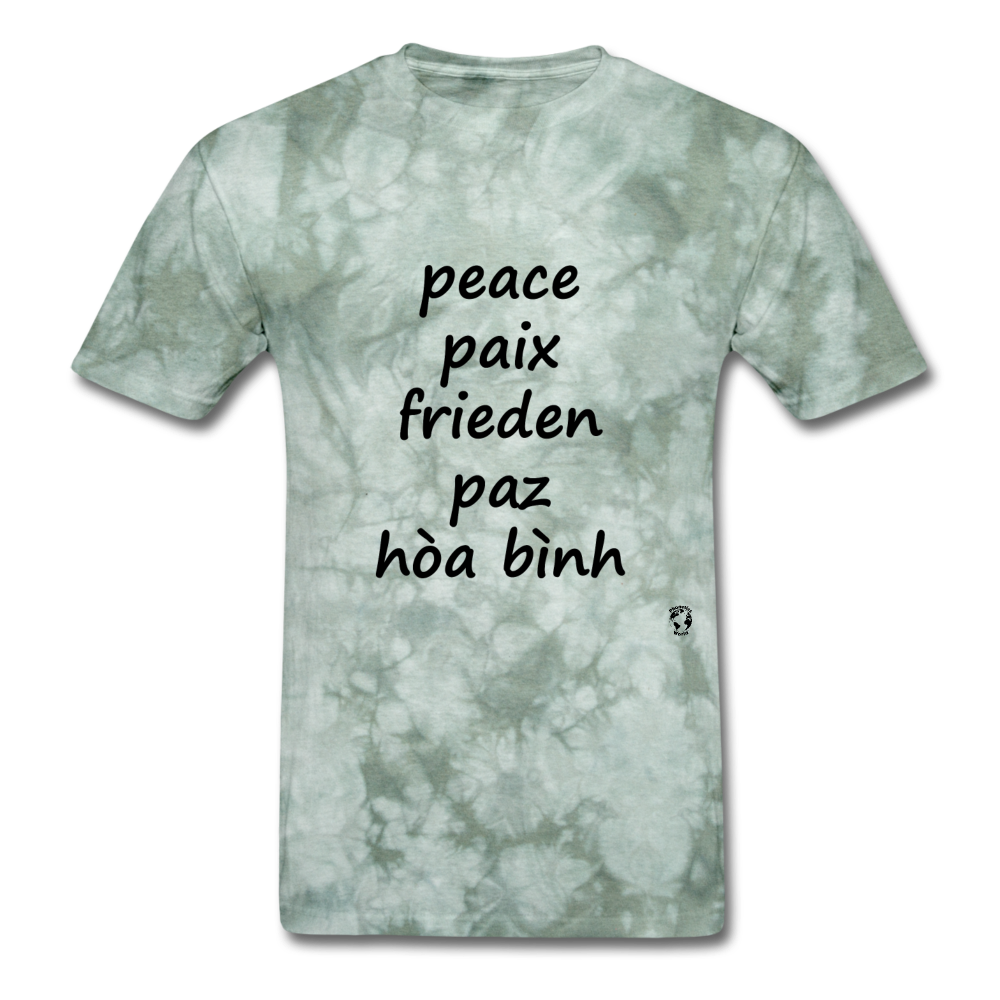Peace in Five Languages - military green tie dye