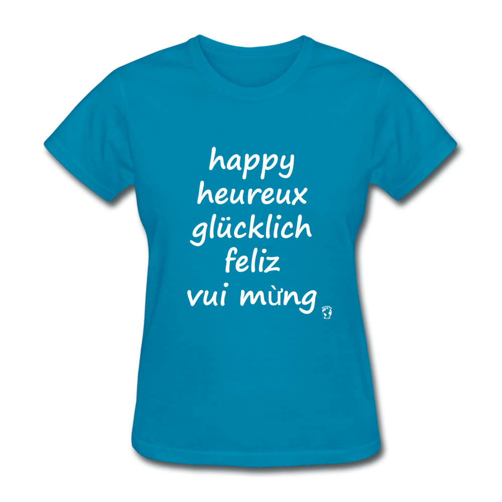 Happy in Five Languages T-Shirt - turquoise