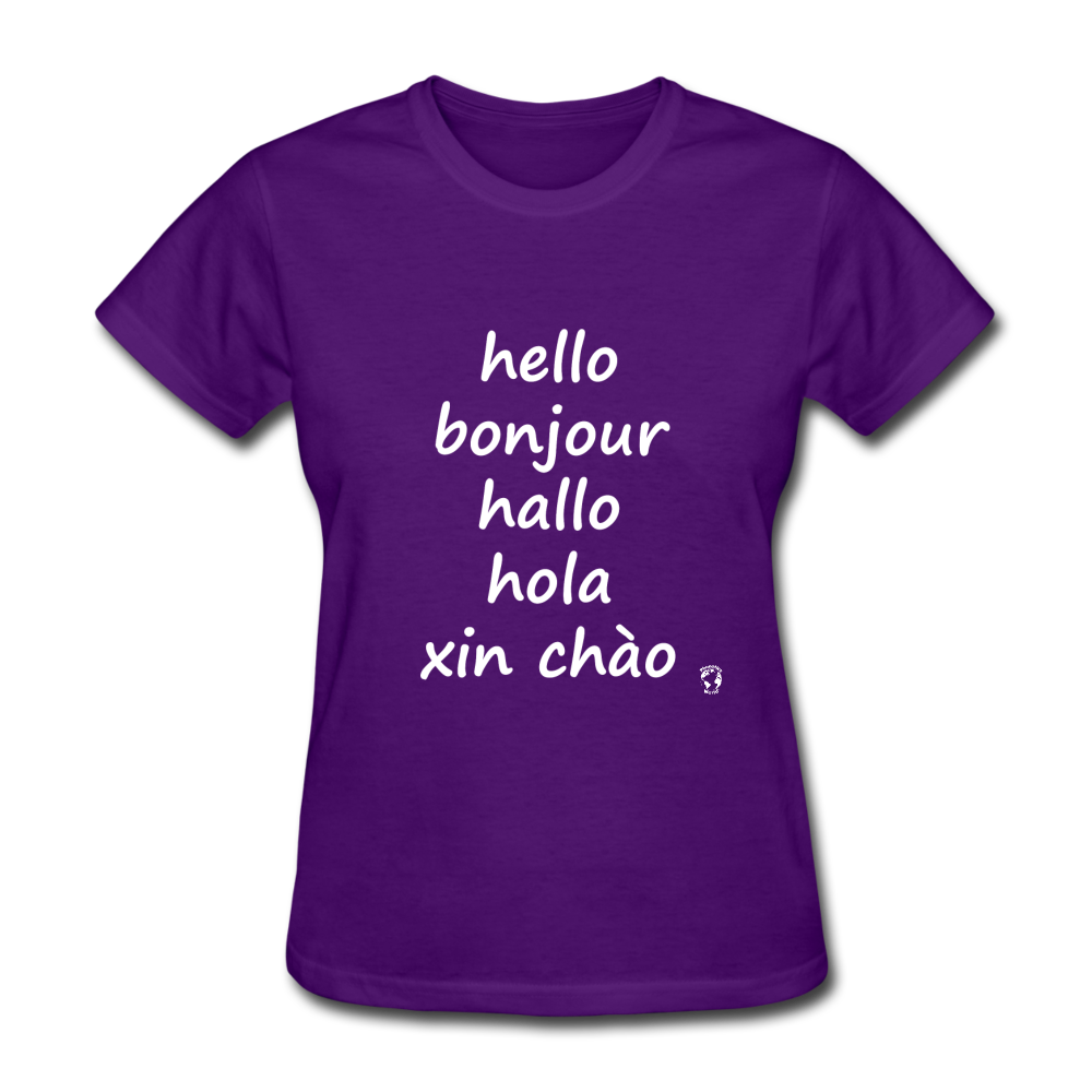 Hello in Five Languages T-Shirt - purple